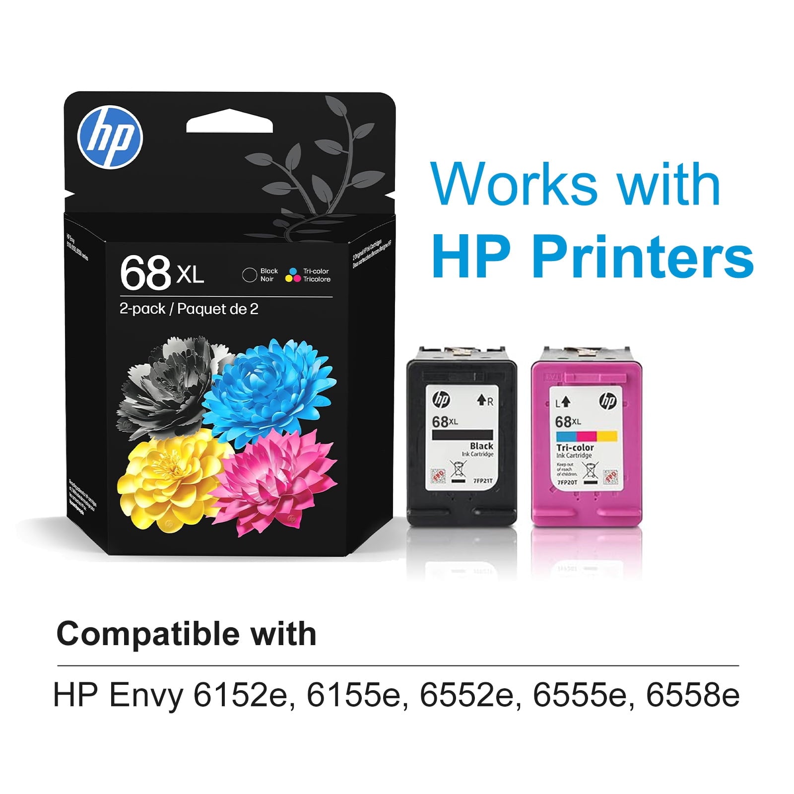 68XL 68 Ink Cartridges Compatible for HP 68 68e Ink Cartridges Black&Tri-Color High Yield | Works for Envy 6155e 6152e 6555e 6552e 6558e (2Pack )